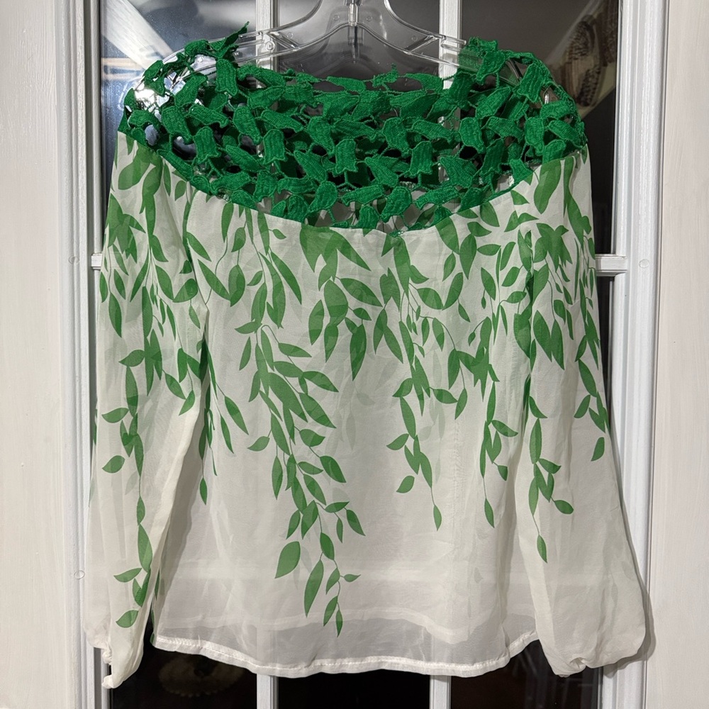 Green Leaf Patterned Women's Sheer Long Sleeve Top